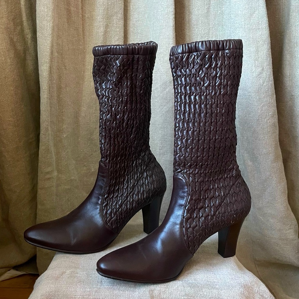 Bottega Veneta brown leather intrecciato tall calf Italian heeled slip on boots